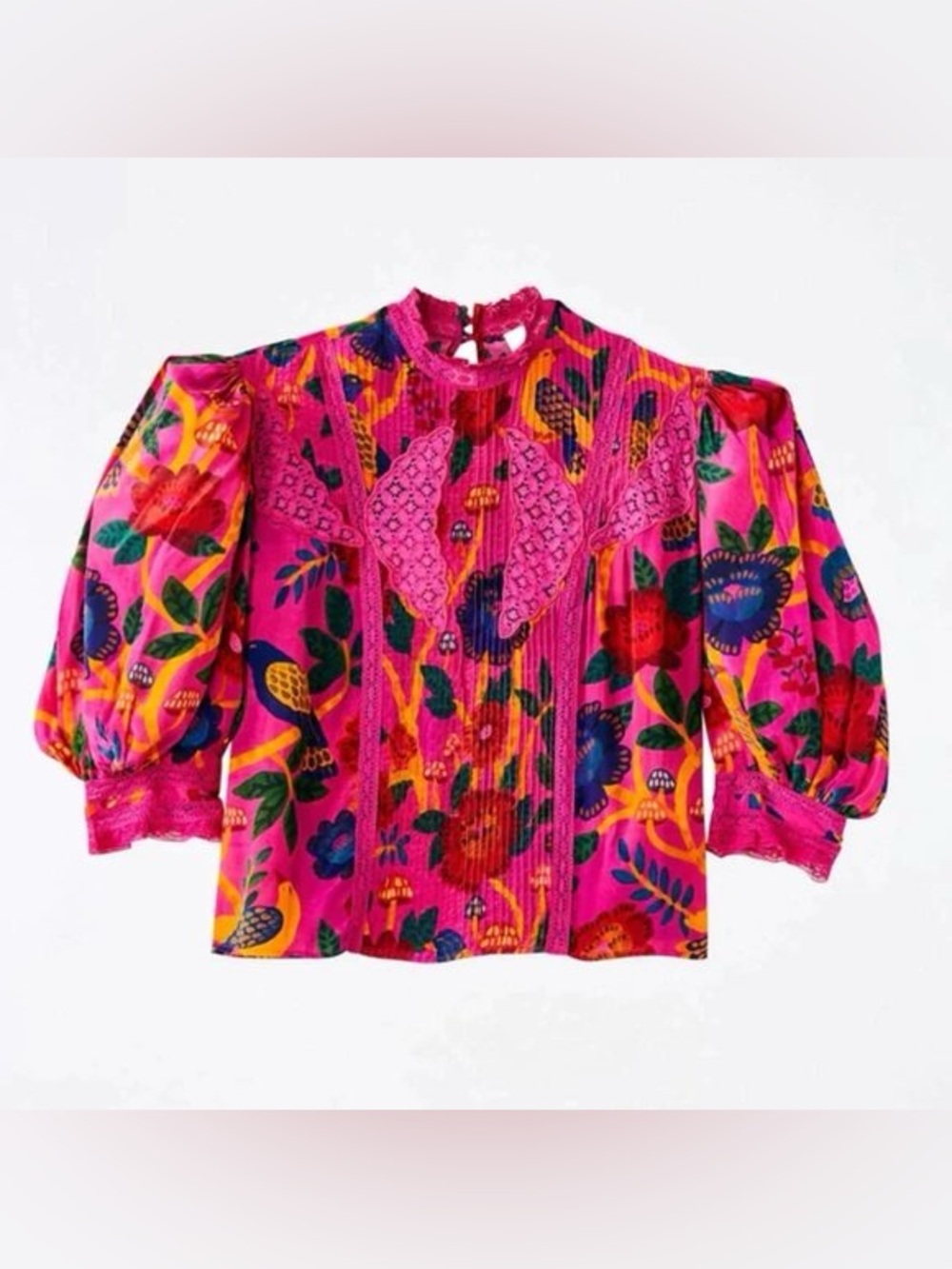 FARM Rio Hot Pink Floral Puff-Sleeve Blouse